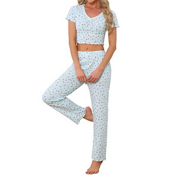 Womens Y2K Loungewear Jersey Knit Cute Floral Short Sleeve V Neck Stretchy Pants Casual Pajama Set
