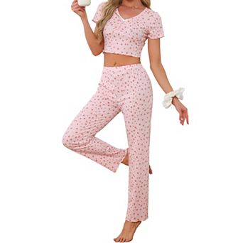 Womens Y2K Loungewear Jersey Knit Cute Floral Short Sleeve V Neck Stretchy Pants Casual Pajama Set