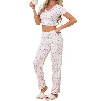Womens Y2K Loungewear Jersey Knit Cute Floral Short Sleeve V Neck Stretchy Pants Casual Pajama Set