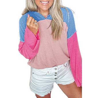 Color Block Patchwork Corded Knit Loose Fit Hooded Blouse