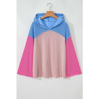 Color Block Patchwork Corded Knit Loose Fit Hooded Blouse