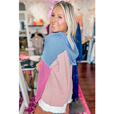 Color Block Patchwork Corded Knit Loose Fit Hooded Blouse