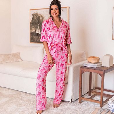 Bow Knot Print Lapel Collar Pajamas Set