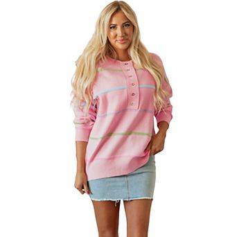 Rainbow Stripes Drop Shoulder Baggy Henley Sweater