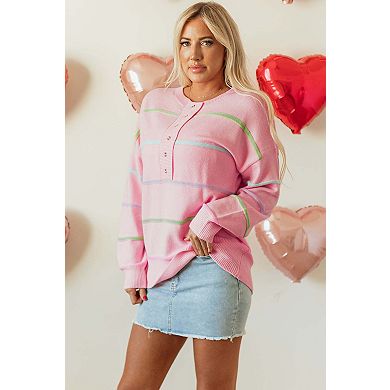 Rainbow Stripes Drop Shoulder Baggy Henley Sweater