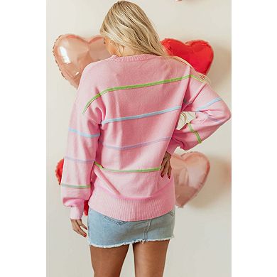 Rainbow Stripes Drop Shoulder Baggy Henley Sweater