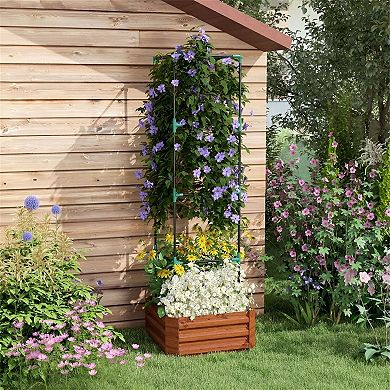 Raised Garden Bed with Trellis, Square Metal Planter Box with Tomato Cage for Climbing Vegetables