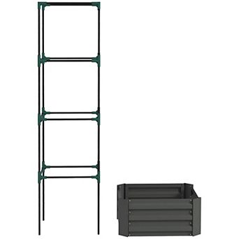 Raised Garden Bed with Trellis, Square Metal Planter Box with Tomato Cage for Climbing Vegetables