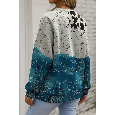 Blue Tie Dye Cow Color Block Pullover Sweatshirt