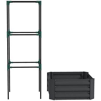Raised Garden Bed with Trellis, Square Metal Planter Box with Tomato Cage for Patio or Backyard