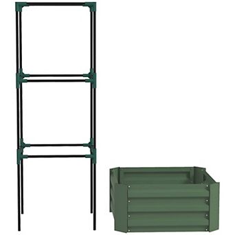 Raised Garden Bed with Trellis, Square Metal Planter Box with Tomato Cage for Patio or Backyard