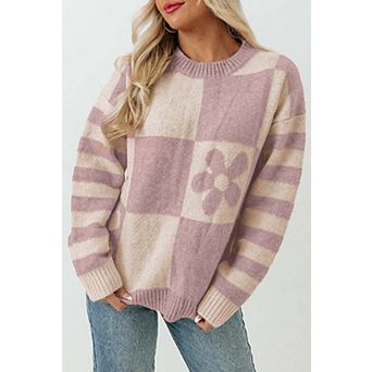 Checkered Floral Print Striped Sleeve Sweater