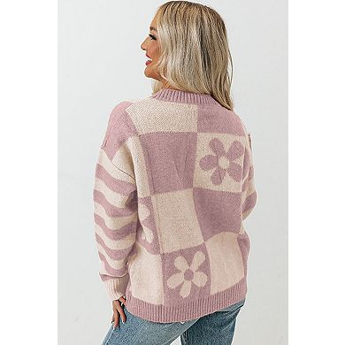 Checkered Floral Print Striped Sleeve Sweater