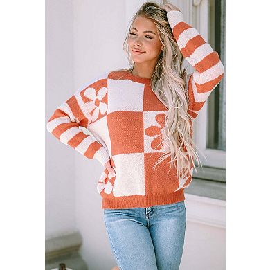 Checkered Floral Print Striped Sleeve Sweater