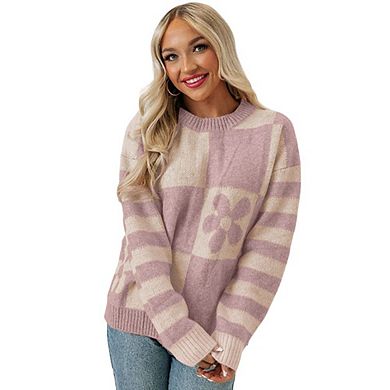 Checkered Floral Print Striped Sleeve Sweater