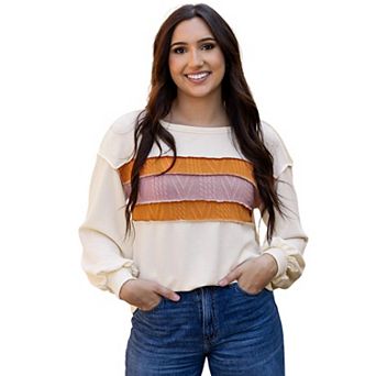 Corded Exposed Seam Knit Patchwork Drop Sleeve Top