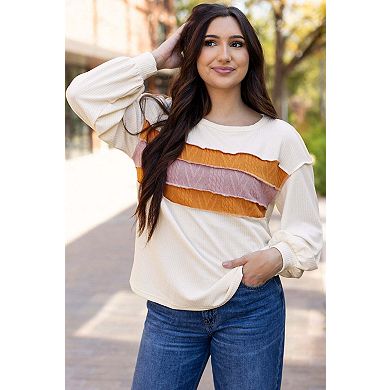 Corded Exposed Seam Knit Patchwork Drop Sleeve Top