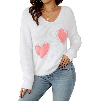 Pearl Beaded Heart Pattern Fuzzy V Neck Sweater