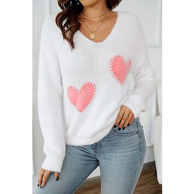 Pearl Beaded Heart Pattern Fuzzy V Neck Sweater