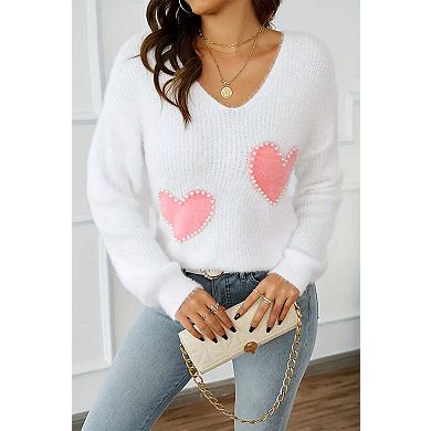 Pearl Beaded Heart Pattern Fuzzy V Neck Sweater