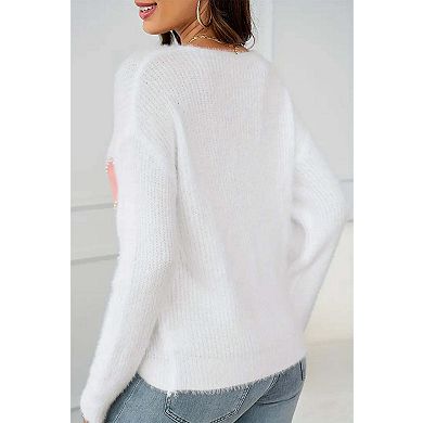 Pearl Beaded Heart Pattern Fuzzy V Neck Sweater