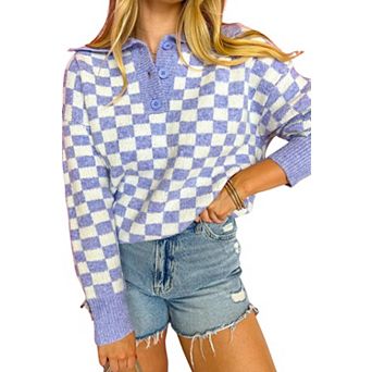 Checkered Collared Buttons Plus Size Sweater