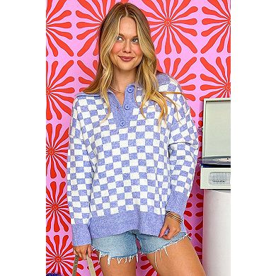 Checkered Collared Buttons Plus Size Sweater