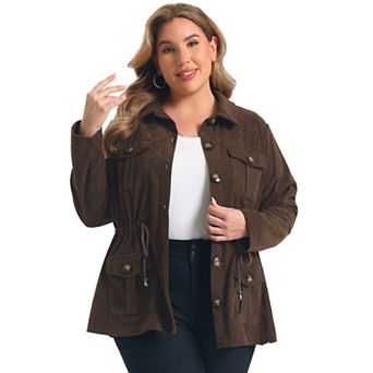 Women's Plus Size Corduroy Shacket Drawstring Waist Long Sleeve Button Down Jacket with Pocket