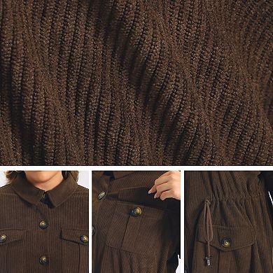 Women's Plus Size Corduroy Shacket Drawstring Waist Long Sleeve Button Down Jacket with Pocket