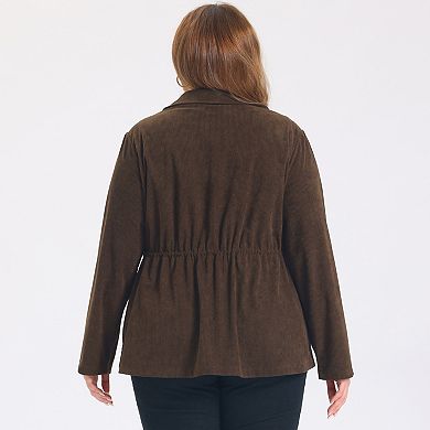 Women's Plus Size Corduroy Shacket Drawstring Waist Long Sleeve Button Down Jacket with Pocket