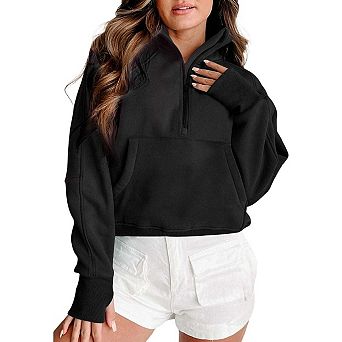 Fleece Lined Zip Up Stand Collar Thumbhole Sleeve Sweatshirt