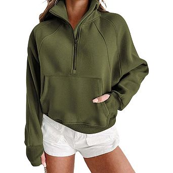 Fleece Lined Zip Up Stand Collar Thumbhole Sleeve Sweatshirt