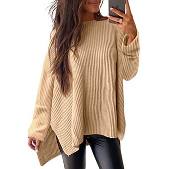 Cable Knit Drop Shoulder Side Slits Loose Sweater