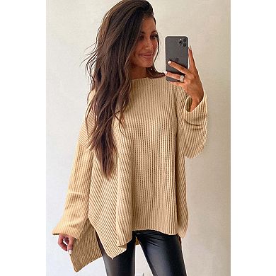 Cable Knit Drop Shoulder Side Slits Loose Sweater