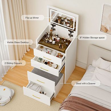 3-in-1 Vanity Desk Nightstand with Mirror and Storage for Bedroom, Makeup Table with Stool