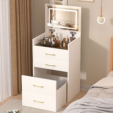 3-in-1 Vanity Desk Nightstand with Mirror and Storage for Bedroom, Makeup Table with Stool
