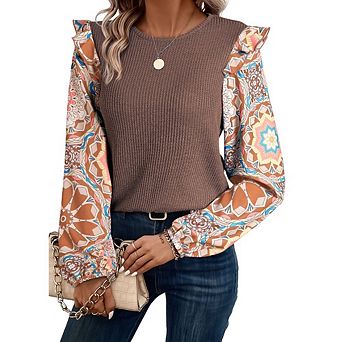 Ruffled Floral Sleeve Patchwork Waffle Knit O Neck Blouse