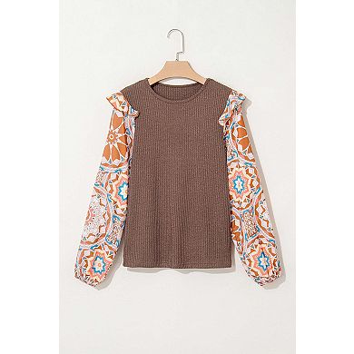 Ruffled Floral Sleeve Patchwork Waffle Knit O Neck Blouse