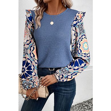 Ruffled Floral Sleeve Patchwork Waffle Knit O Neck Blouse