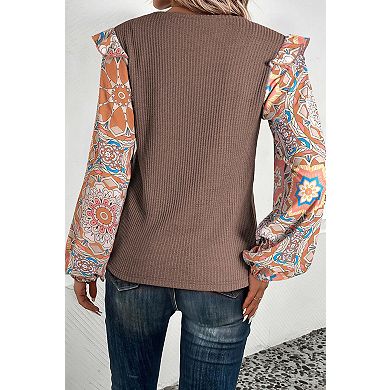 Ruffled Floral Sleeve Patchwork Waffle Knit O Neck Blouse