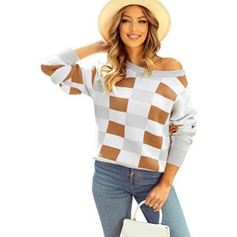 Checkered Ribbed Edge O Neck Drop Shoulder Sweater