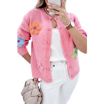 Cute Knitted Floral Pattern Button Up Cardigan