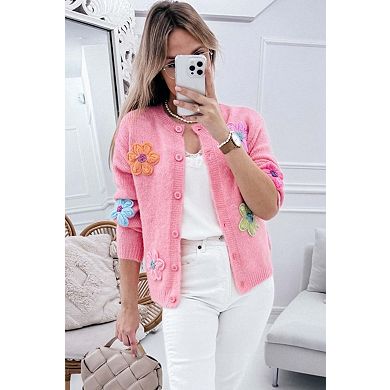 Cute Knitted Floral Pattern Button Up Cardigan