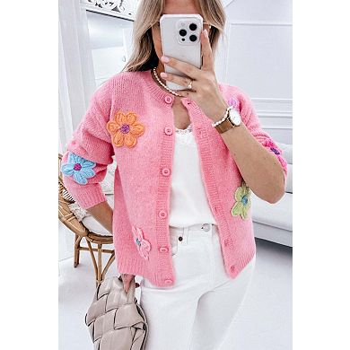 Cute Knitted Floral Pattern Button Up Cardigan