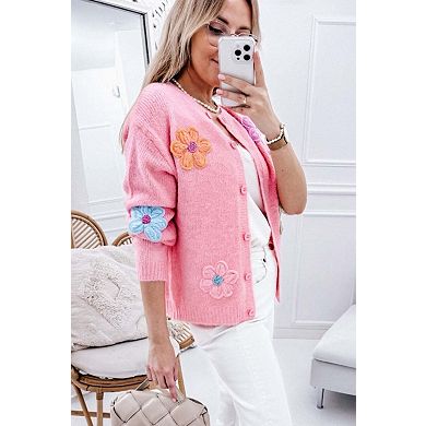 Cute Knitted Floral Pattern Button Up Cardigan