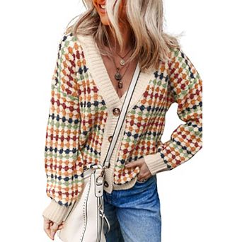 Dotty Pattern Knit Button Front V Neck Sweater Cardigan