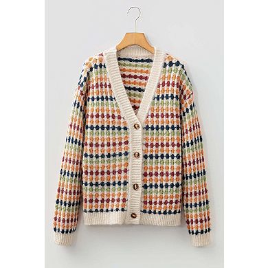 Dotty Pattern Knit Button Front V Neck Sweater Cardigan