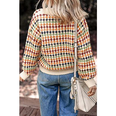 Dotty Pattern Knit Button Front V Neck Sweater Cardigan