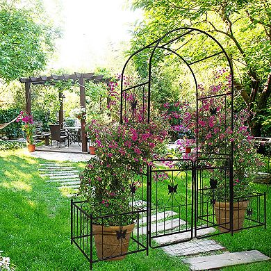 Garden Arch Arbor with Double Gates and Planter Holders for Vines Patio Path