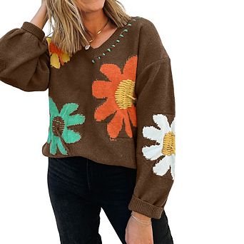 Big Flower Pattern V Neck Drop Shoulder Sweater